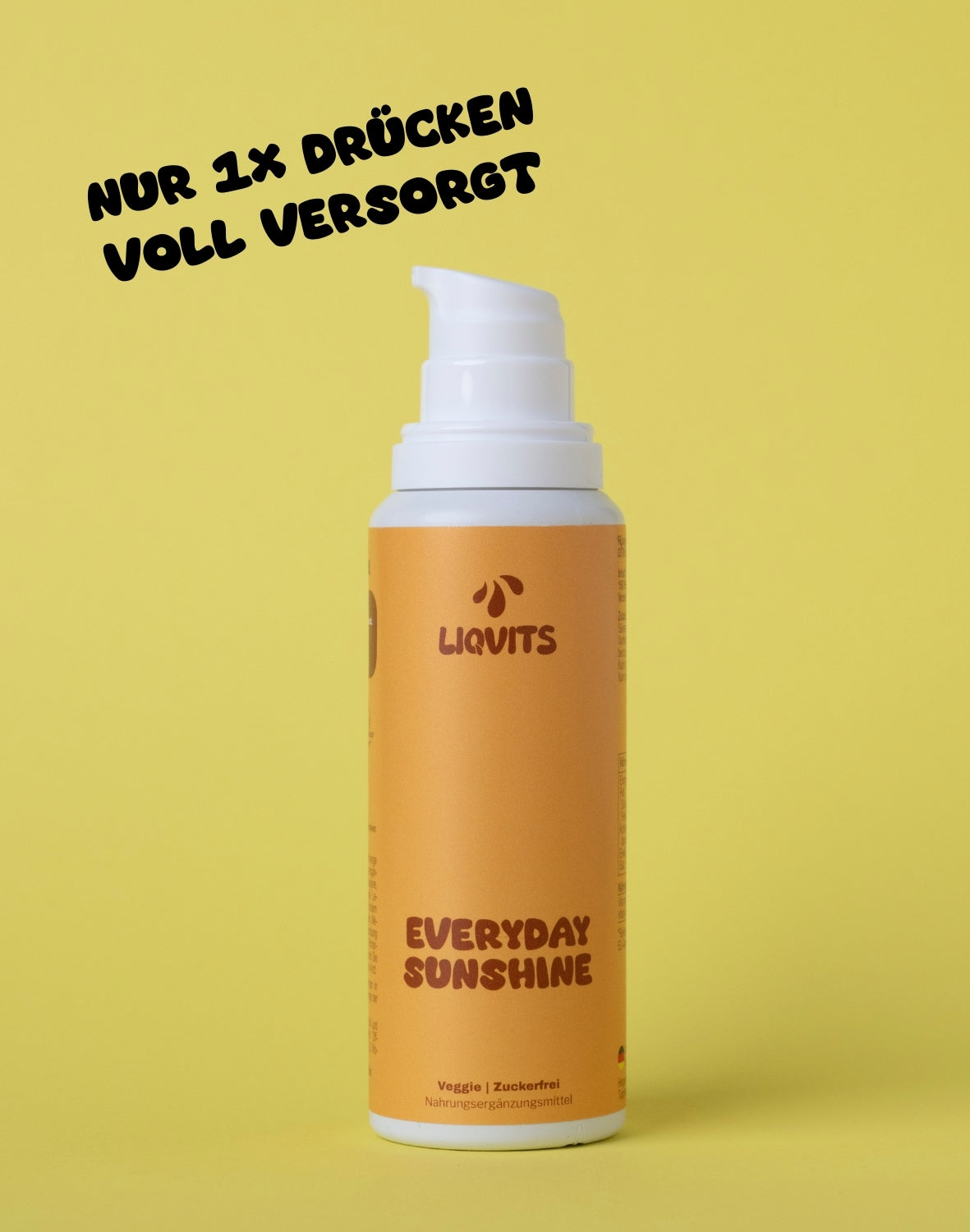 LiqVits Everyday Sunshine Vitamin D3 und Vitamin K Flasche geöffnet mit Hinweis, nur 1x Drücken, voll versorgt, zur Darstellung der einfachen Nutzung