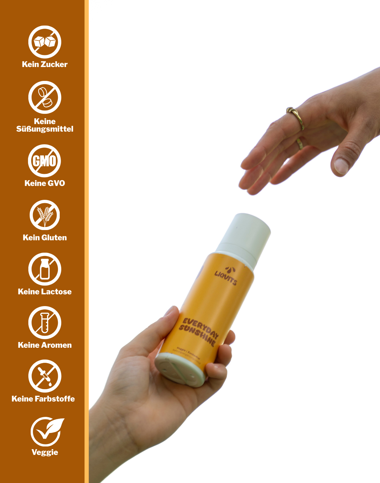 Everyday Sunshine Vtamin D3 und K CWS Konzentrat Flasche geschlossen mit Icons Zuckerfrei No GMO Ohne Süßungsmittel Kein Gluten Keine Lactose Keine Aromen Keine Farbstoffe Vegan
