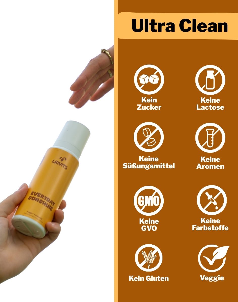 LiqVits Everyday Sunshine Ultra Clean Nahrungsergänzung mit Mehrwerten Ohne Zucker Ohne Süßungsmittel Ohne GMO Genveränderung Ohne Gluten Ohne Lactose Ohne Aromen Ohne Farbstoffe