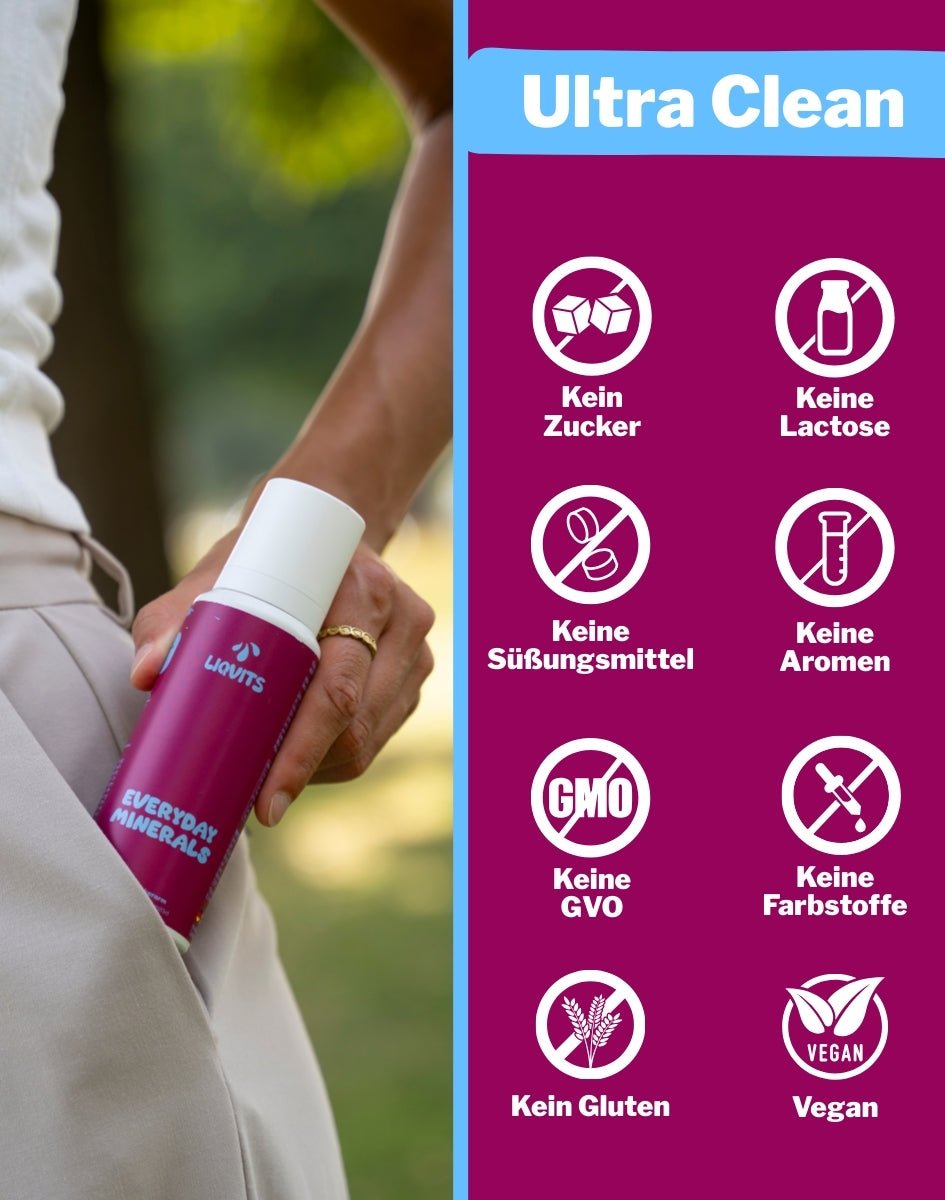 LiqVits Everyday Minerals Ultra Clean Nahrungsergänzung mit Mehrwerten Ohne Zucker Ohne Süßungsmittel Ohne GMO Genveränderung Ohne Gluten Ohne Lactose Ohne Aromen Ohne Farbstoffe Vegan