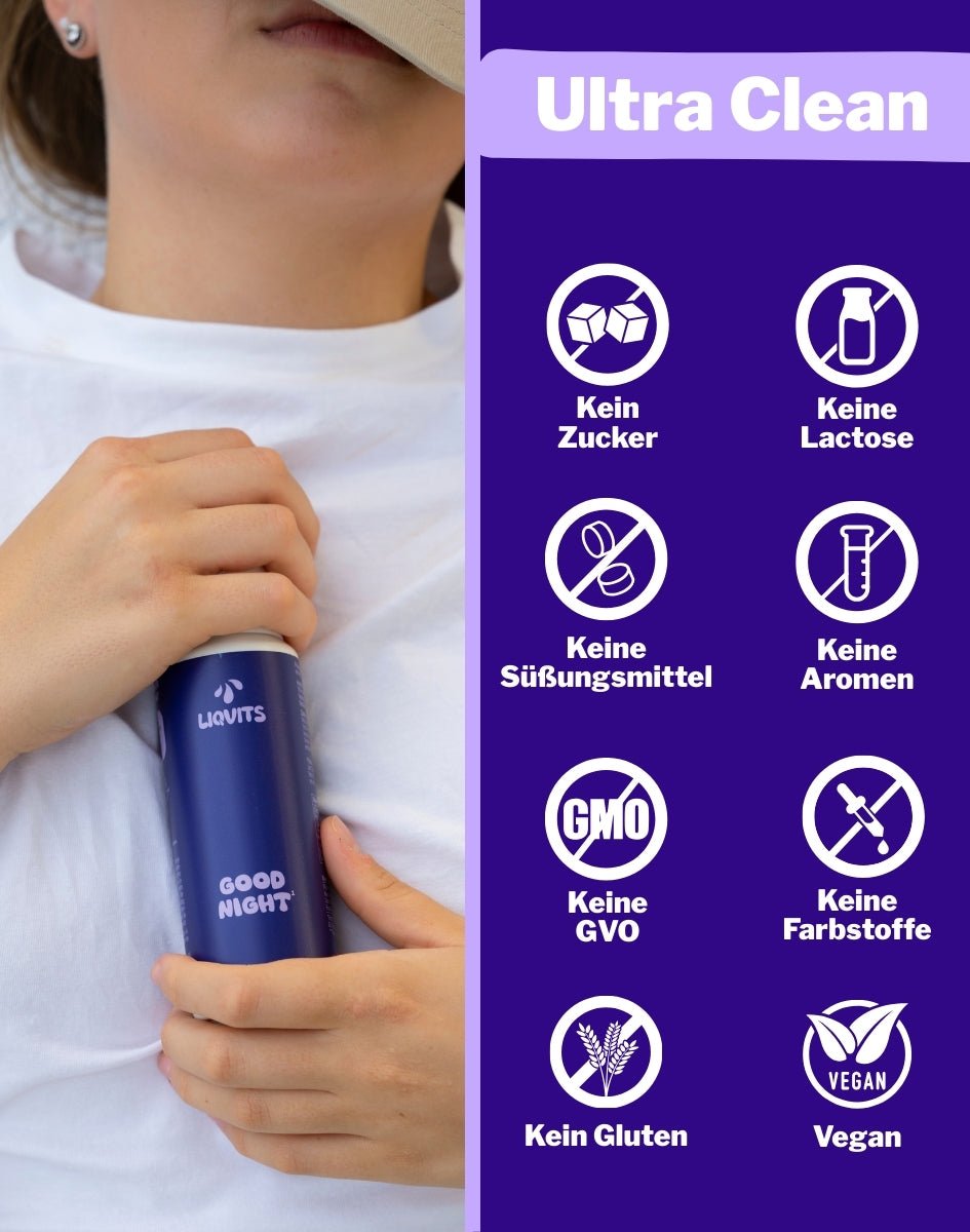 LiqVits Good Night Melatonin Ultra Clean Nahrungsergänzung mit Mehrwerten Ohne Zucker Ohne Süßungsmittel Ohne GMO Genveränderung Ohne Gluten Ohne Lactose Ohne Aromen Ohne Farbstoffe Vegan
