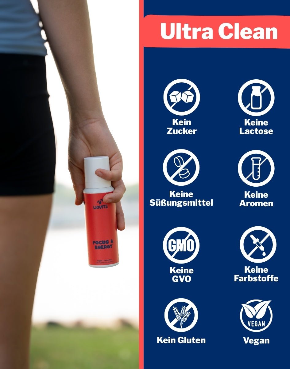 LiqVits Natural Focus & Energy Ultra Clean Nahrungsergänzung mit Mehrwerten Ohne Zucker Ohne Süßungsmittel Ohne GMO Genveränderung Ohne Gluten Ohne Lactose Ohne Aromen Ohne Farbstoffe Vegan