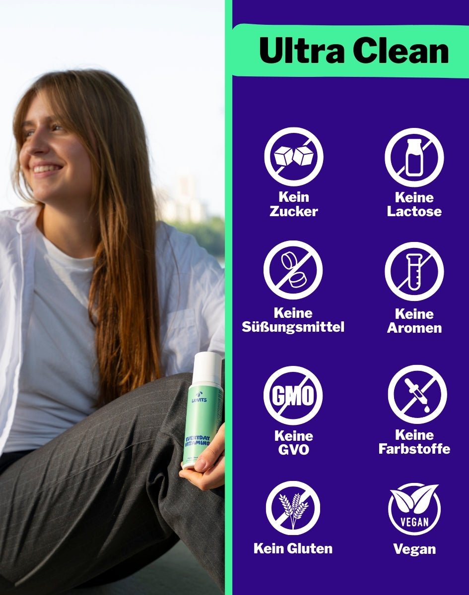 LiqVits Everyday Vitamins Ultra Clean Nahrungsergänzung mit Mehrwerten Ohne Zucker Ohne Süßungsmittel Ohne GMO Genveränderung Ohne Gluten Ohne Lactose Ohne Aromen Ohne Farbstoffe Vegan