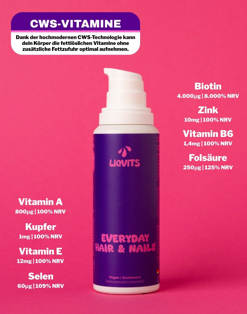 LiqVits Everyday Hair & Nails Nahrungsergänzungsmittel extra für Haare Haut und Nägel mit hohem Biotin, Zink und Folsäure in einer Flasche mit Hinweis  auf Inhaltsstoffe Vitmina B6 Vitamin A Vitamin E Kupfer Selen