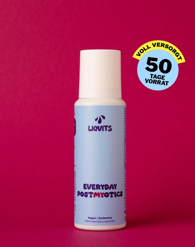 LiqVits PostMYotics Postbiotika flasche mit Hinweis auf 50 Tage Vorrat bei Millarden Darmkulturen pro Portion als Nahrungsergänzungsmittel