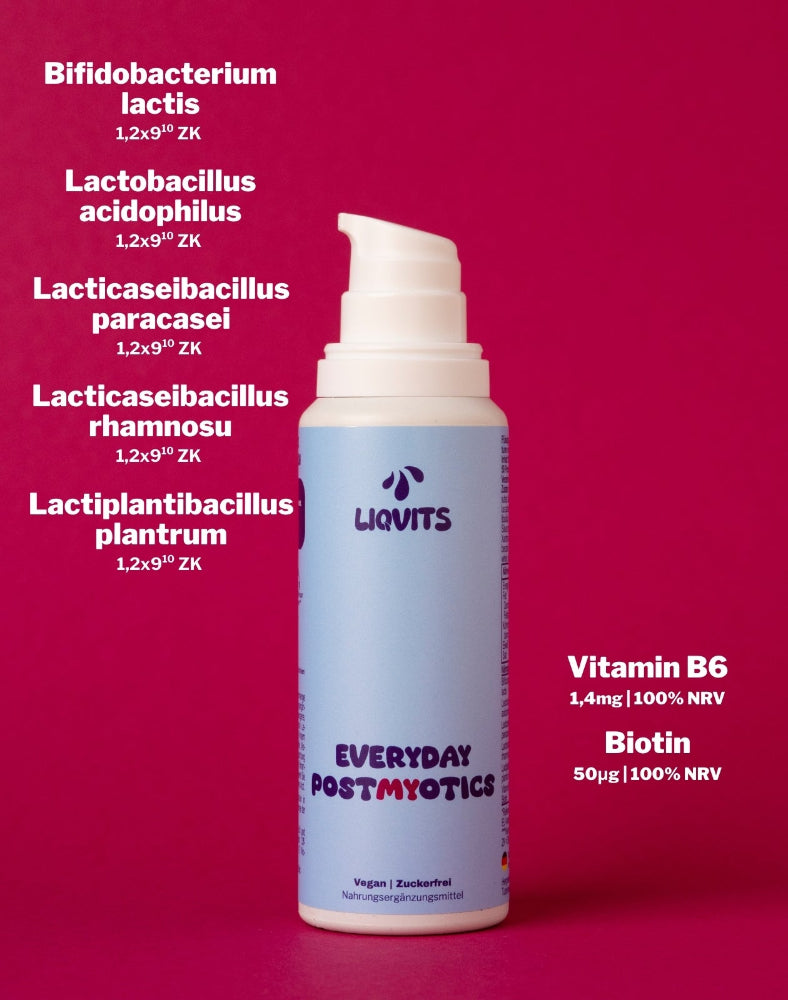 LiqVits-EverydayPostMYotics Postbiotika Flasche geöffnet mit Inhaltstoffen der Darmkulturen Komplexe als Nahrungsergänzungsmittel