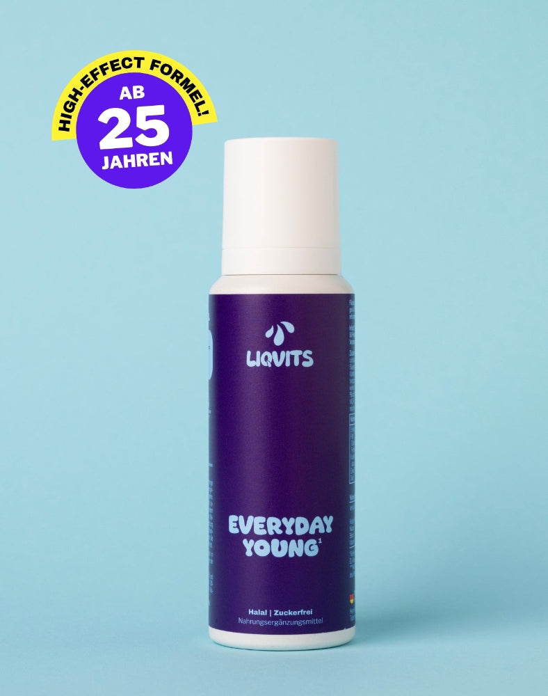 LiqVits Everyday Young Flasche geschlossen mit Empfehlung ab 25 Jahren mit Verisol Peptid Kollagen für die tägliche Nutzung bessere Haut und weniger Falten Nahrungsergänzungsmittel