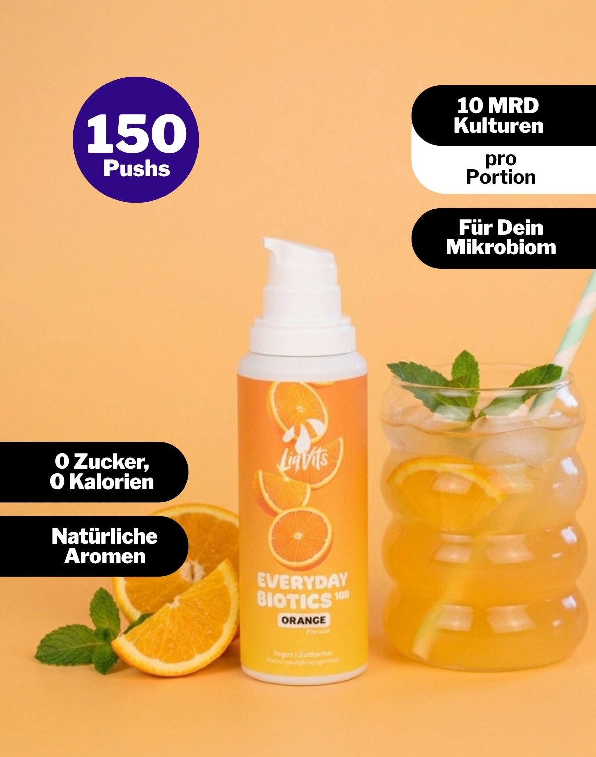 LiqVits fluessige Nahrungsergaenzungsmittel Everyday Biotics 10B Orange -10 Mrd Darmkulturen fuer das Mikrobiom- 150 Pushs-Darm der Zukunft Technologie