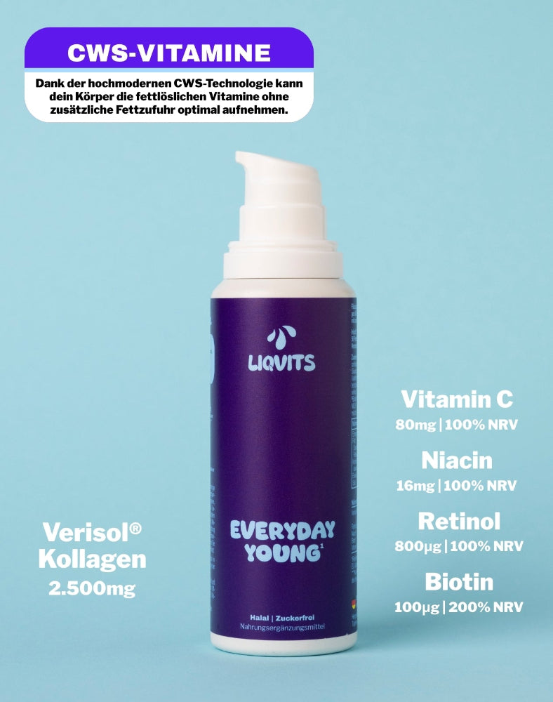 LiqVits Everyday Young Flasche offen mit Mehrwerten und Vitaminen Niacin Retinol Biiotin mit 2,5mg Verisol Peptid Kollagen für die tägliche Nutzung bessere Haut und weniger Falten Nahrungsergänzungsmittel