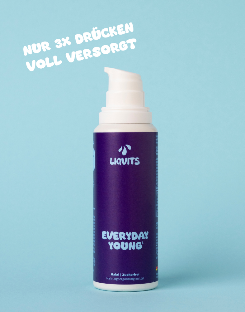 LiqVits Everyday Young Flasche geöffnet mit Kollagen und Hinweis Nur 3x drücken, voll versorgt, zur Darstellung der einfachen Nutzung