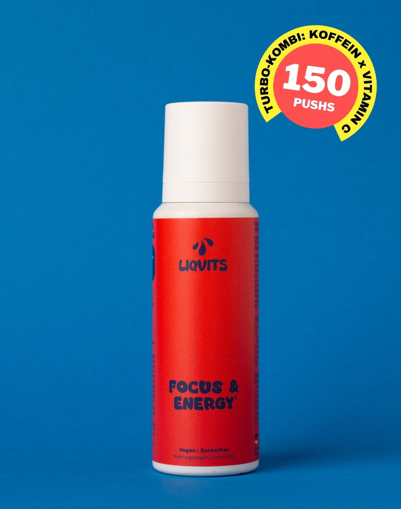 LiqVits Focus & Energy Flasche mit Hinweis auf 150 Pushes und 75mg natürlichem Koffein pro Portion als Nahrungsergänzungsmittel