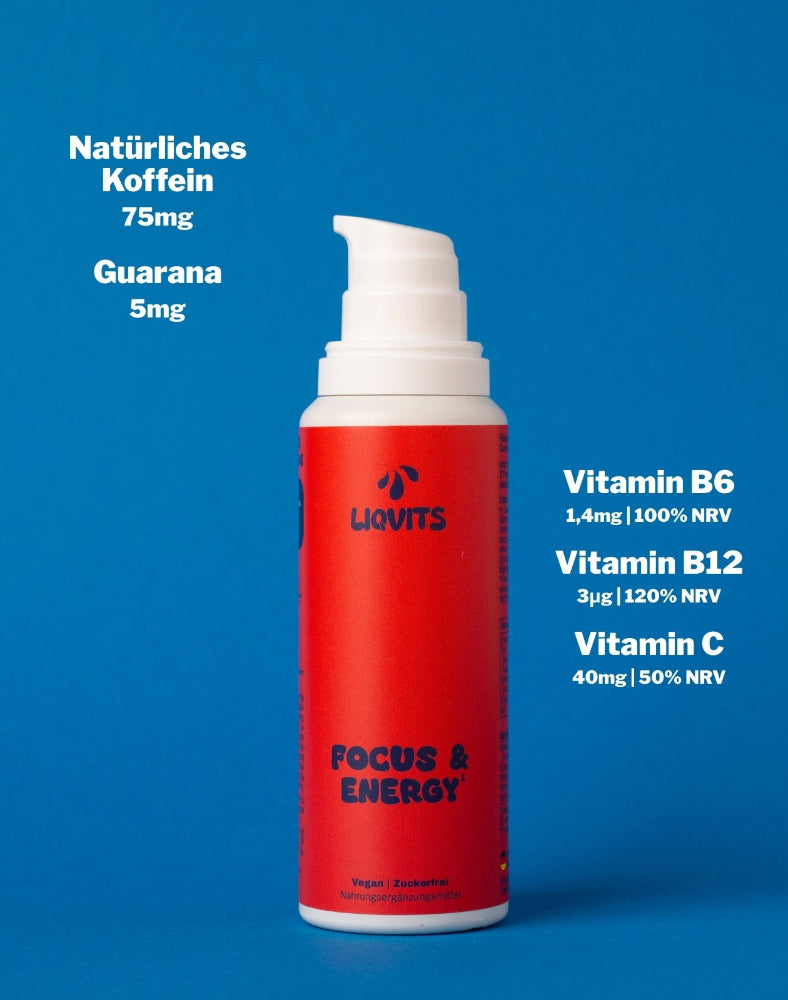 LiqVits Focus & Energy Flasche geöffnet mit Hinweis auf Inhaltsstoffe natürlichem Koffein Guarana Vitamin B6 B12 C zur Leistungssteigerung als Nahrungserzängzung