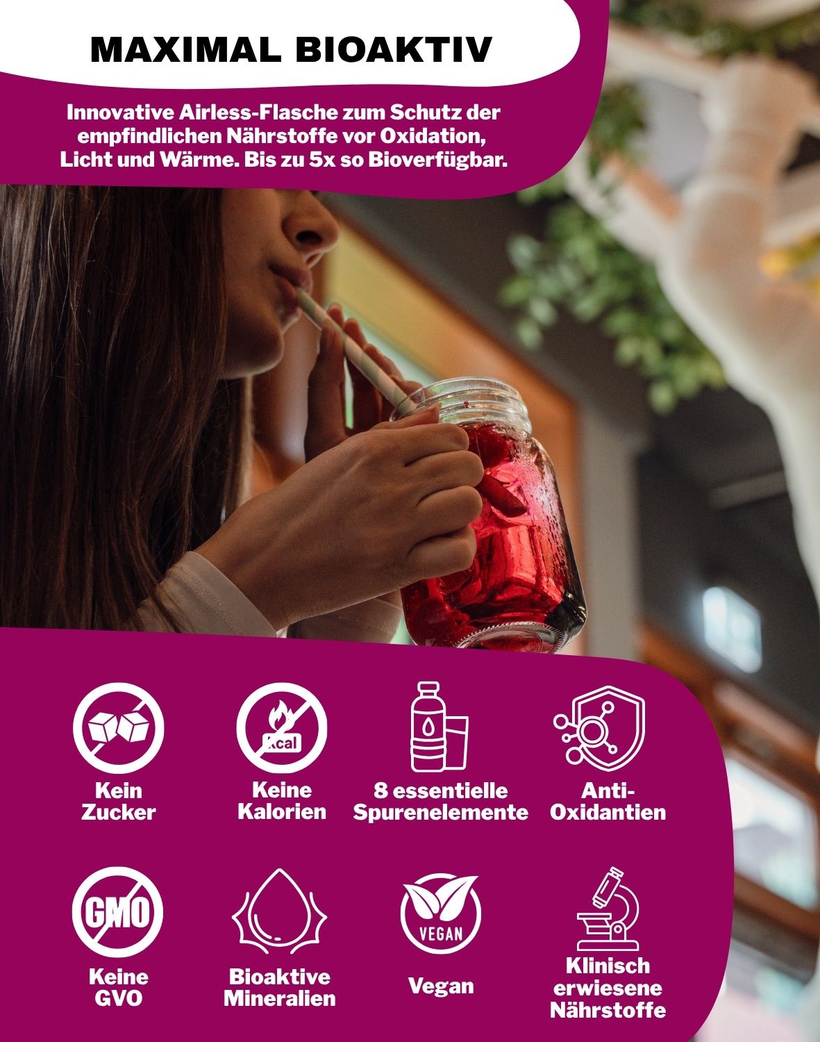 LiqVits Nahrungsergänzung Everyday Minerals Cherry Geschmack Produktbild - Vorteile Icons
