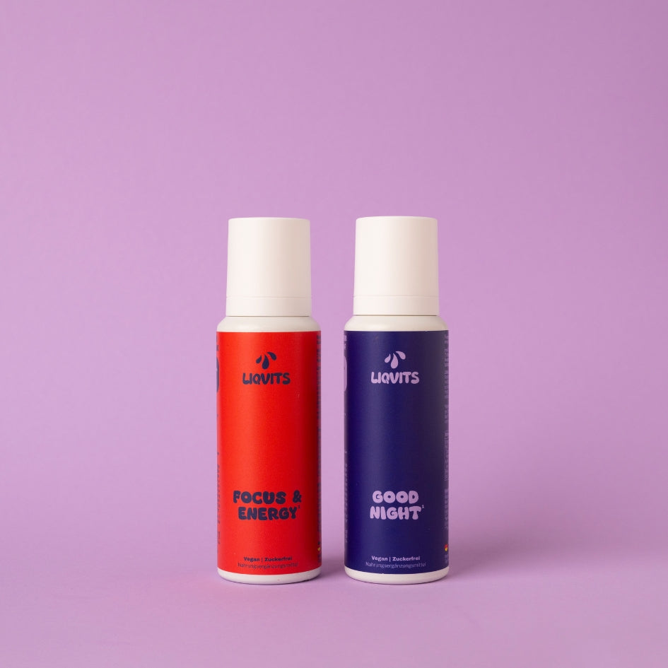 LiqVits Bundle Produktbild Day n Night mit natürlichem Koffein und Vitaminen und Good Night Melatonin Nahrungsergänzungsmittel