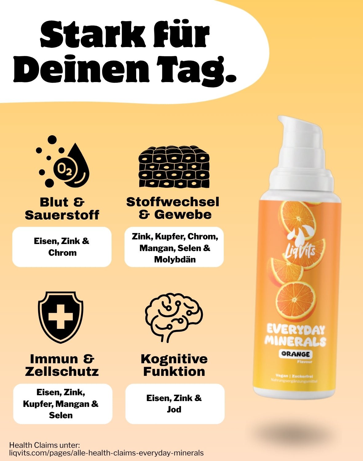 LiqVits fluessige Nahrungsergaenzungsmittel Everyday Minerals Orange - Stark für Deinen Tag - Eisen, Zink, Kupfer Komplex für Bindegewebe, für das Immunsystem