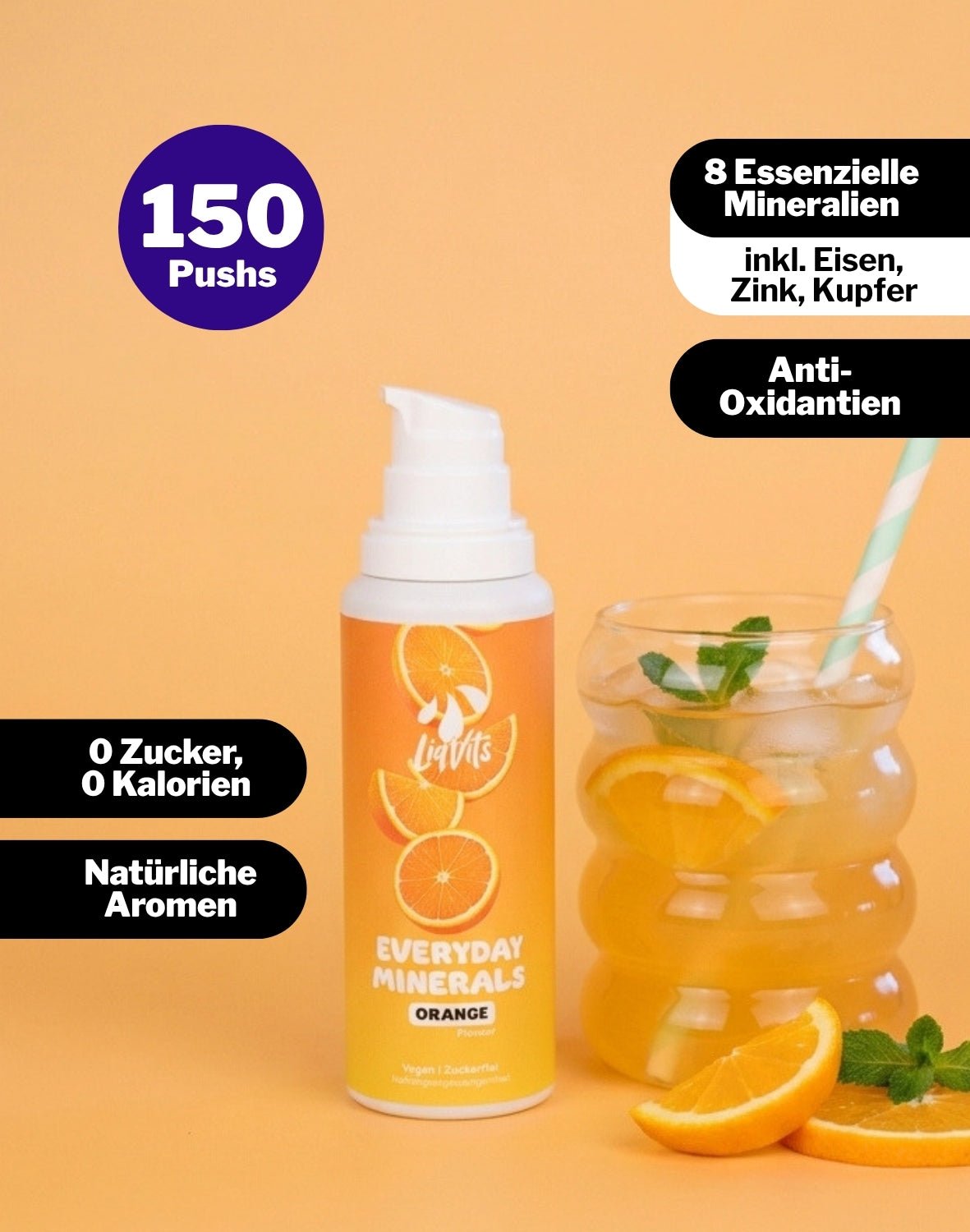 LiqVits fluessige Nahrungsergaenzungsmittel Everyday Minerals Orange - 150 Pushes Überblick - Eisen, Zink, Kupfer Komplex für Bindegewebe, für das Immunsystem, Sauerstoff