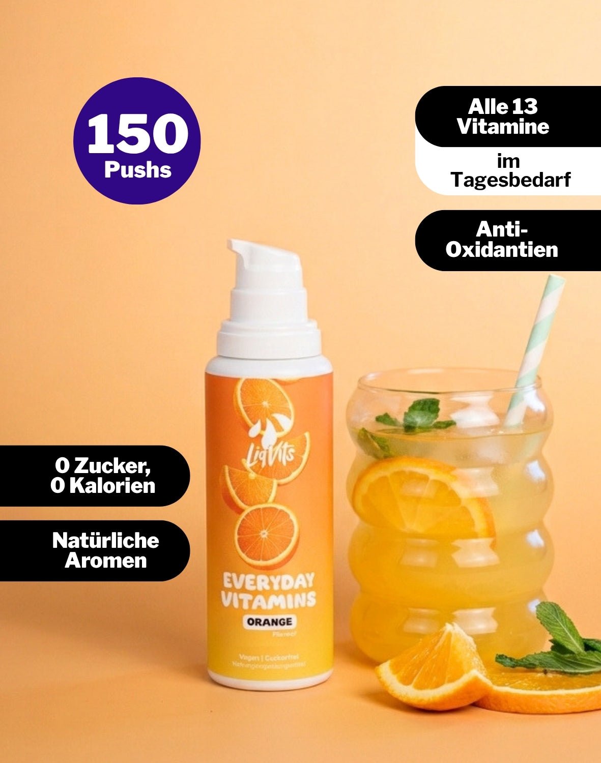 LiqVits fluessige Nahrungsergaenzungsmittel Everyday Vitamins Orange - Main Image 150 Pushes - Für Stoffwechsel, für das Immunsystem mit allen 13 Vitaminen wie Vitamin C, Vitamin A, Vitamin D+K in min. 100% Tagesbedarf