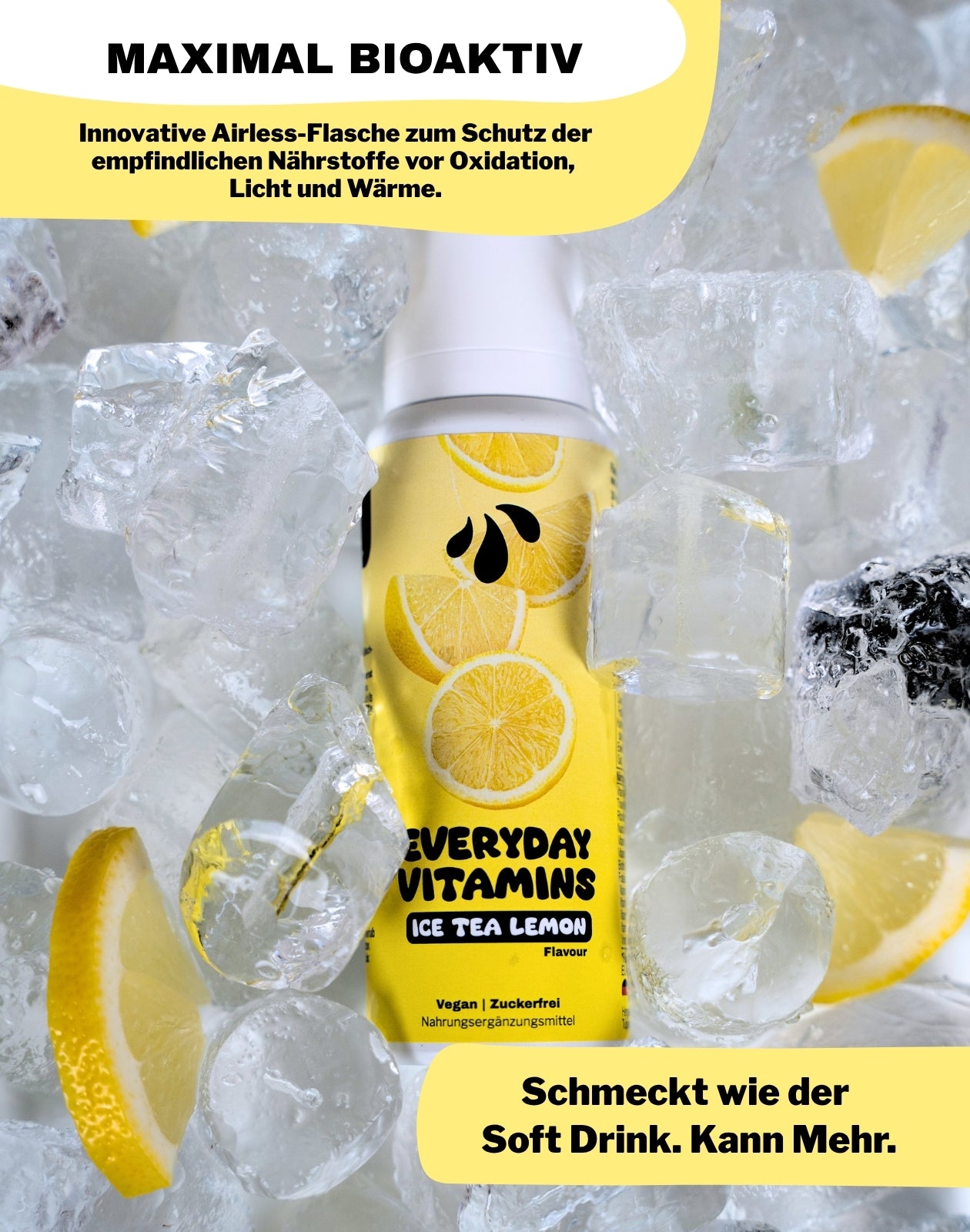 LiqVits-Everyday Vitamins - Ice Tea Lemon-Nahrungsergänzungsmittel-Flasche auf Eis mit Bioaktivität