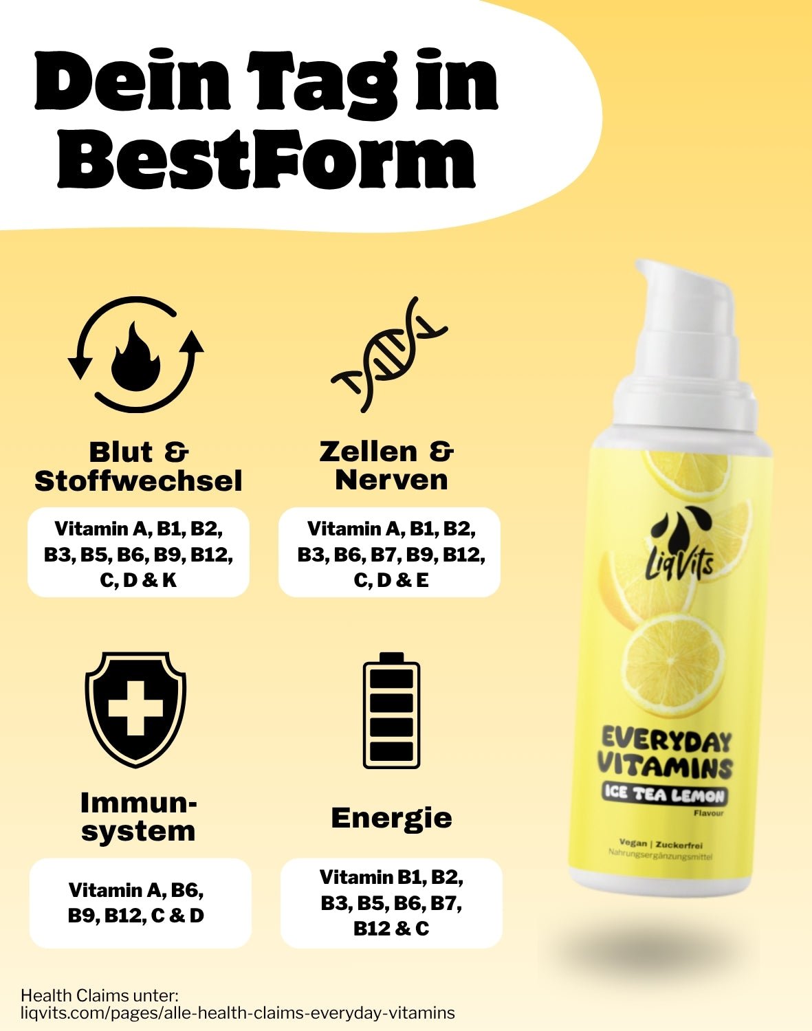 LiqVits fluessige Nahrungsergaenzungsmittel Everyday Vitamins Eistee Zitrone - Dein Tag in Bestform - Für Stoffwechsel, für das Immunsystem mit allen 13 Vitaminen wie Vitamin C, Vitamin A, Vitamin D+K in min. 100% Tagesbedarf