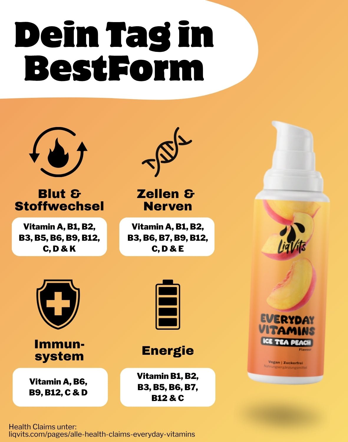 LiqVits fluessige Nahrungsergaenzungsmittel Everyday Vitamins Ice Tea Peach - Dein Tag in Bestform - Für Stoffwechsel, für das Immunsystem mit allen 13 Vitaminen wie Vitamin C, Vitamin A, Vitamin D+K in min. 100% Tagesbedarf