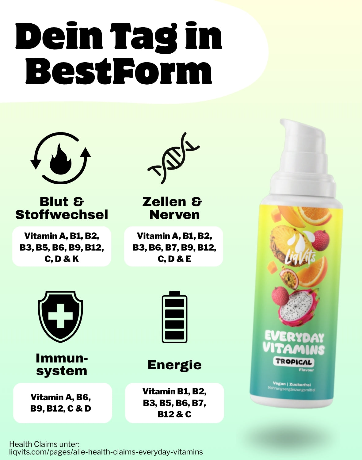 LiqVits fluessige Nahrungsergaenzungsmittel Everyday Vitamins Tropical - Dein Tag in Bestform - Für Stoffwechsel, für das Immunsystem mit allen 13 Vitaminen wie Vitamin C, Vitamin A, Vitamin D+K in min. 100% Tagesbedarf