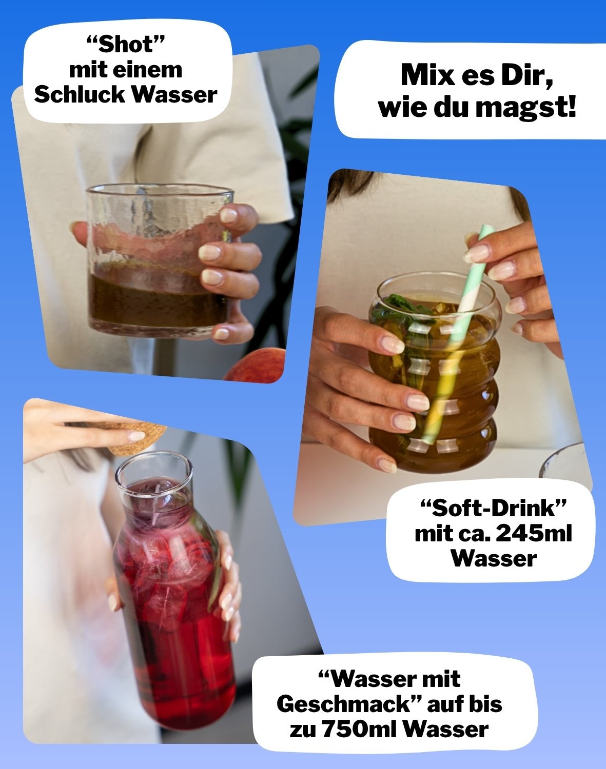 LiqVits Nahrungsergänzungsmittel wie mixe ich LiqVits? Shot, Soft-Drink mit 250ml oder Wasser mit Geschmack auf 750ml