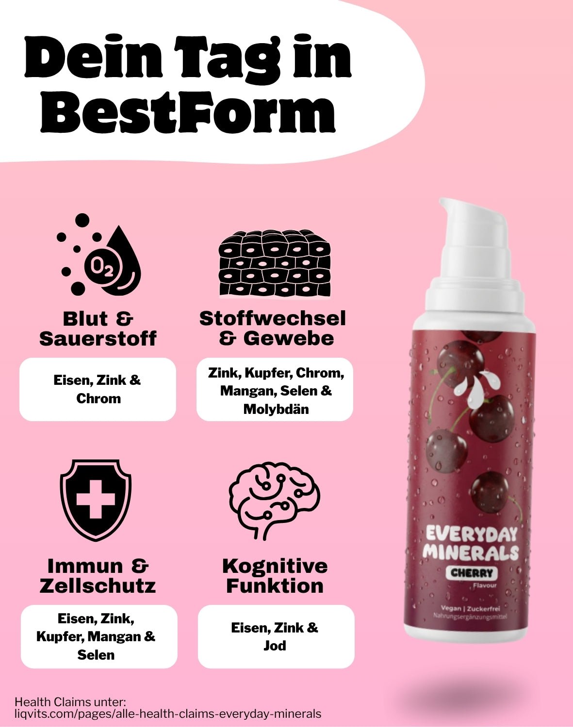 LiqVits Nahrungsergänzung Everyday Minerals Cherry Geschmack Produktbild mit Benefits - Blut und Sauerstoff,  Stoffwechsel und Bindegewebe, Zellschutz, Immunsytem und Kognitive Leistung