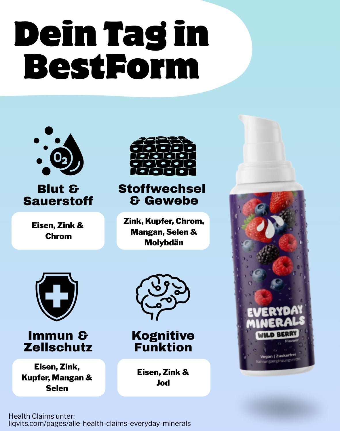 LiqVits Nahrungsergänzung Everyday Minerals Wild Berry Geschmack Produktbild mit Benefits - Blut und Sauerstoff,  Stoffwechsel und Bindegewebe, Zellschutz, Immunsytem und Kognitive Leistung