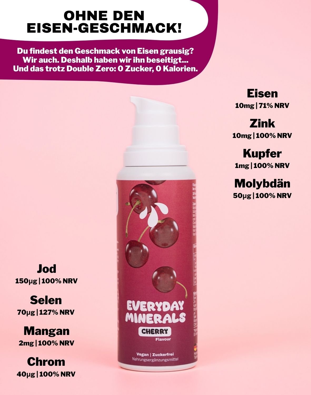 LiqVits Nahrungsergaenzungsmittel Everyday Minerals Cherry mit allen 8 essenziellen Spurenelementen wie Eisen und Zink, Kupfer, Jod, Molybdän, Chrom, Selen, Mangan in min. 100% Tagesbedarf