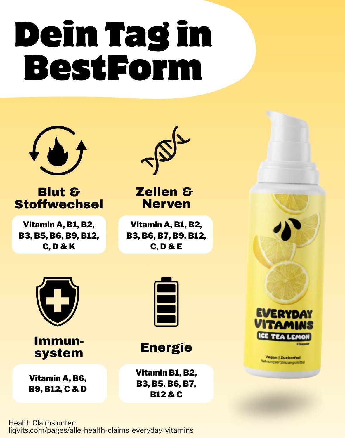 LiqVits Nahrungsergänzung Everyday Vitamins Eistee Zitrone Geschmack Produktbild mit Benefits - Blut und Stoffwechsel, Zellschutz und Nerven, Immunsytem und Energie