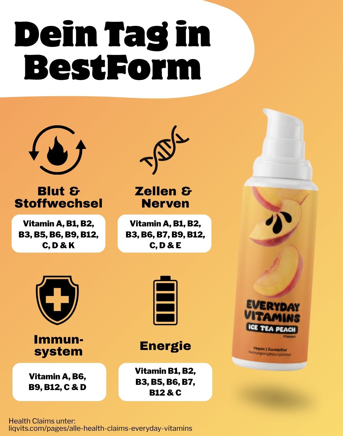 LiqVits Nahrungsergänzung Everyday Vitamins Eistee Pfirsich Geschmack Produktbild mit Benefits - Blut und Stoffwechsel, Zellschutz und Nerven, Immunsytem und Energie