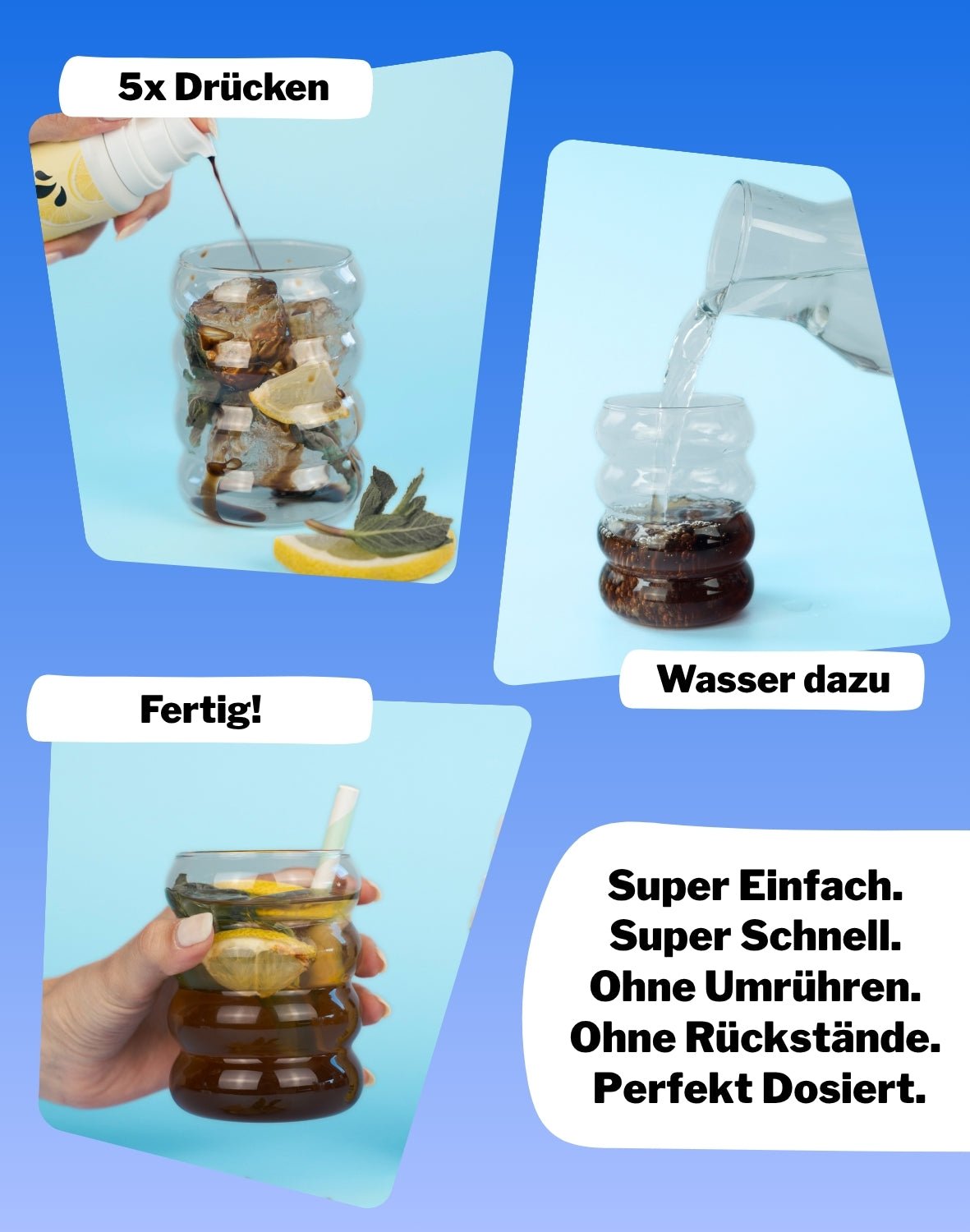 LiqVits Nahrungsergänzungsmittel Wie nutze ich die flüssigen Vitamine und Nährstoffe - 5x Drücken, Wasser dazu, Fertig