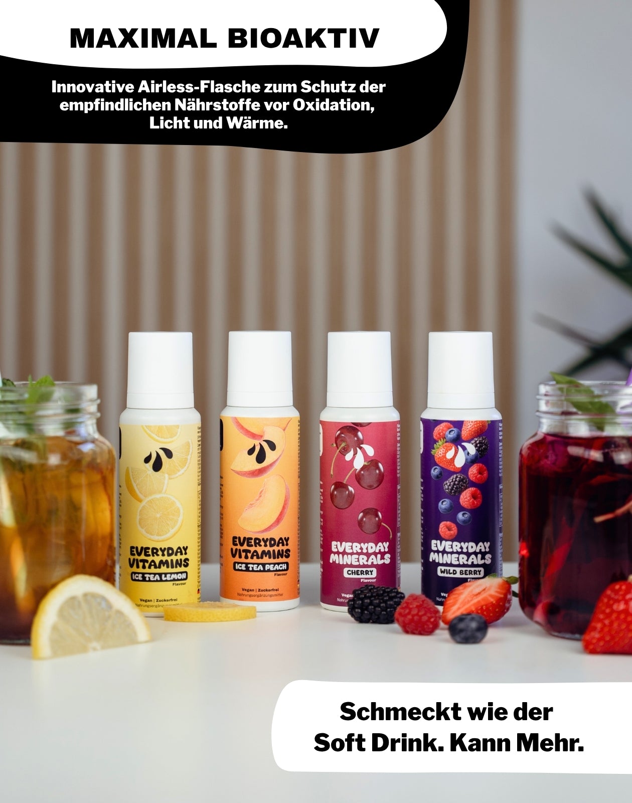 LiqVits Nahrungsergaenzung alle Sorten und Nährstoff-Komplexe nebeneinander mit maximaler Bioaktivität dank Airless Motion Flasche