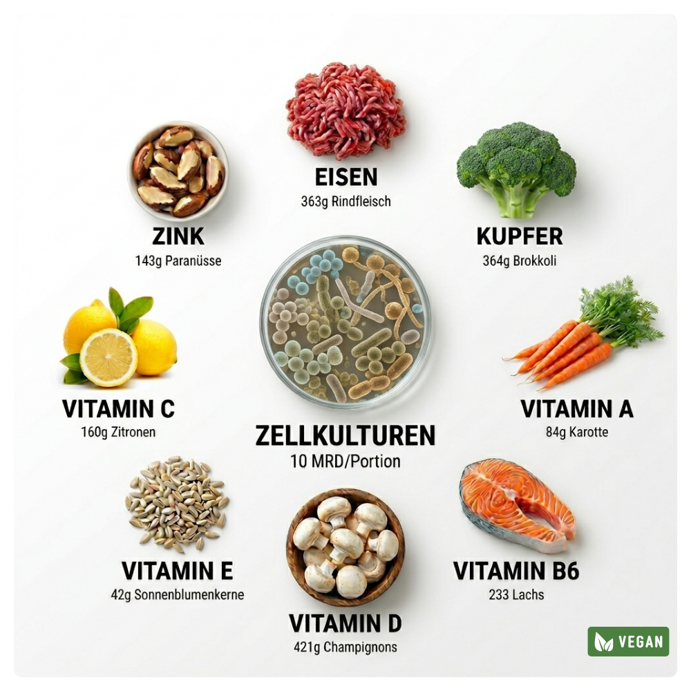 LiqVits Nahrungsergänzungsmittel Übersicht wie viel Steckt in Lebensmitteln vs LiqVits Darmkulturen Spurenelemente und Vitamine