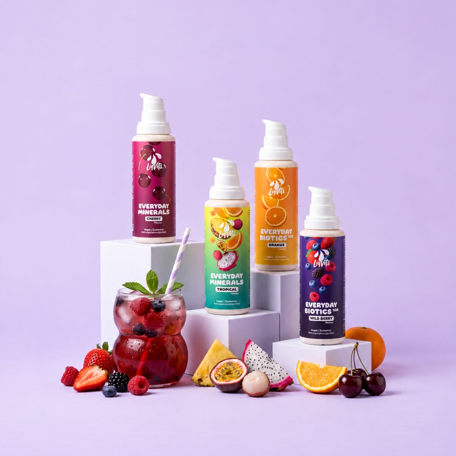 LiqVits fluessige Nahrungsergaenzungsmittel Everyday alle LiqVits auf Podesten mit Getränk - Full Benefits Endlich Lecker - Eisen, Zink, Kupfer Komplex für Bindegewebe, für das Immunsystem. Vitamin C Vitamin D Biotin Postbiotika