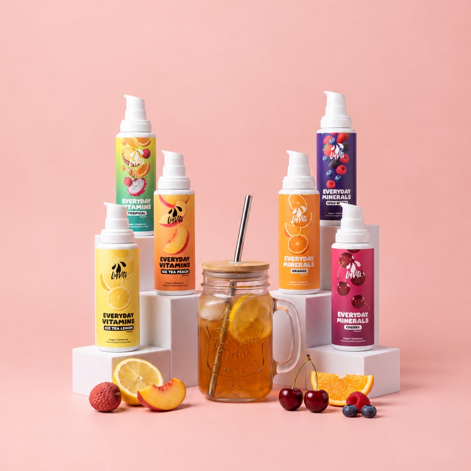 LiqVits fluessige Nahrungsergaenzungsmittel Everyday alle LiqVits auf Podesten mit Getränk - Full Benefits Endlich Lecker - Eisen, Zink, Kupfer Komplex für Bindegewebe, für das Immunsystem. Vitamin C Vitamin D Biotin Postbiotika