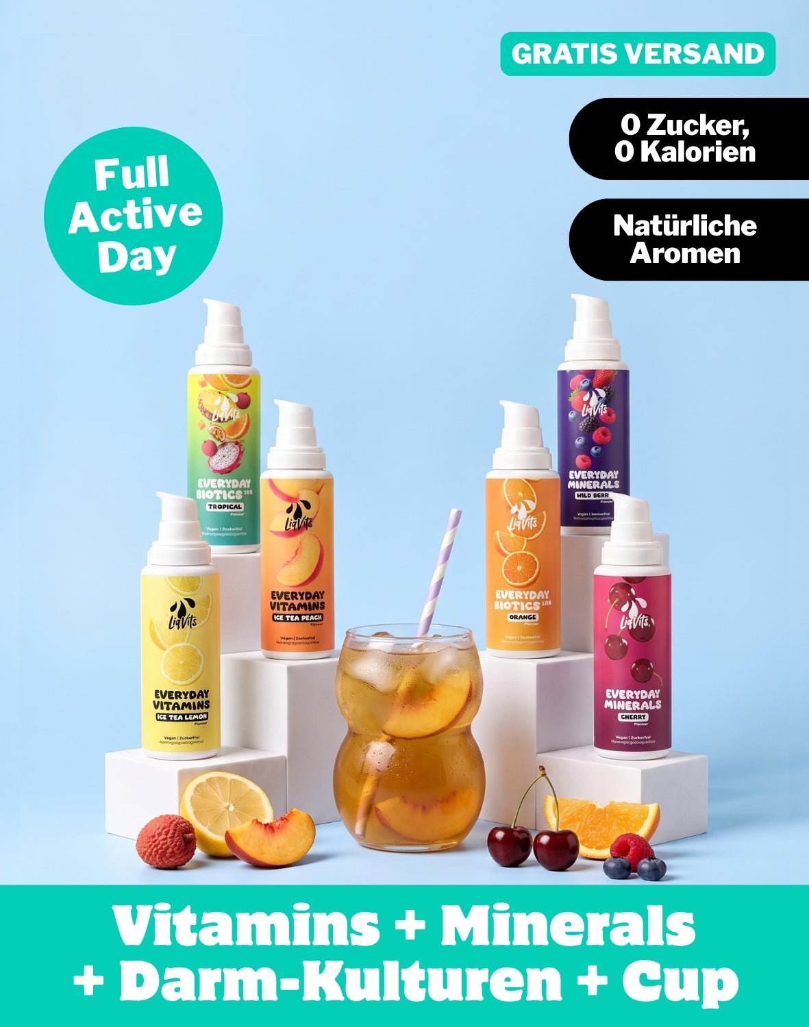 LiqVits fluessige Nahrungsergaenzungsmittel Everyday Starter Set Full Active - 10Mrd Darmkulturen Zellkulturen für Mikrobiom -13 Vitamine 100% NRV-8 Spurenelemente inkl. Eisen Zink Kupfer-Deine Bestform Vorteile Immunsystem Sauerstoff Gewebe Zellschutz